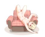  android armchair barcode blonde_hair borisx breasts chair choker expressionless highres looking_at_viewer mechanical_parts navel nude original red_eyes short_hair small_breasts solo thighhighs upside-down 