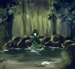  drill_hair forest head_fins japanese_clothes kimono mermaid monster_girl nature obi partially_submerged pond sash sitting smile solo touhou uranaishi_(miraura) wakasagihime 