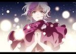  1girl anime_coloring artemisia braid cloak hair_ribbon hands_clasped letterboxed moira multicolored_hair open_mouth own_hands_together purple_eyes ribbon short_hair solo sound_horizon upper_body 