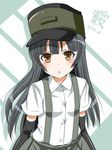  alternate_hair_length alternate_hairstyle arare_(kantai_collection) arm_warmers black_hair blush brown_eyes character_name hanazome_dotera hat kantai_collection long_hair looking_at_viewer school_uniform short_sleeves skirt solo suspenders twitter_username 