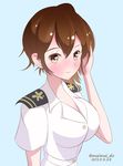  2015 alternate_costume bad_id bad_pixiv_id blush brown_eyes brown_hair dated epaulettes hand_in_hair highres kaga_(kantai_collection) kantai_collection looking_at_viewer maimai-dou short_hair smile solo twitter_username 