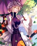  arm_ribbon blonde_hair breasts dress eredhen gap hair_up hat hat_ribbon highres juliet_sleeves large_breasts long_sleeves mob_cap parasol puffy_sleeves ribbon solo tabard touhou umbrella white_dress wide_sleeves yakumo_yukari 