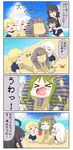  &gt;_&lt; 4koma 5girls beach chibi closed_eyes comic commentary crab crescent crescent_hair_ornament day fang flag hair_ornament highres kantai_collection kikuzuki_(kantai_collection) low_twintails mikazuki_(kantai_collection) multiple_girls nagatsuki_(kantai_collection) puchimasu! satsuki_(kantai_collection) school_swimsuit sigh sphinx swimsuit translated twintails yuureidoushi_(yuurei6214) 
