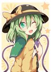  bow green_eyes green_hair hat hat_bow highres kan_lee komeiji_koishi long_sleeves looking_at_viewer one_eye_closed open_mouth shirt smile solo star third_eye touhou upper_body wide_sleeves 
