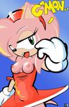  amy_rose battle_angel breasts clothing dress gloves green_eyes looking_at_viewer open_mouth sonic_(series) 
