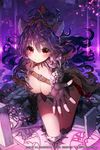  2015 animal_ears bad_id bad_twitter_id breasts buckle cleavage dated hair_ornament kneeling large_breasts long_hair looking_at_viewer nail_polish purple_hair reaching red_eyes red_nails smile solo sukja 