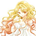  bangs bare_shoulders bishoujo_senshi_sailor_moon blonde_hair dress earrings floating_hair gradient_hair jewelry light_smile long_hair lowres multicolored_hair orange_eyes parted_bangs red_hair sailor_galaxia shirataki_kaiseki solo strap_slip sundress wavy_hair white_background white_dress 