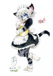  anthro bell blue_eyes breasts cat claws clothing cute feline female fur grey_fur hair happy karin looking_at_viewer maid maid_uniform mammal open_mouth raised_tail short_hair small_breasts solo standing striped_fur stripes tetetor-oort text whiskers white_hair young 