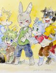  2015 anthro blue_eyes blue_fur blush canine chest_tuft clothed clothing cub dog frown fur green_eyes green_fur green_hair grey_fur group hair hair_tuft hi_res kemono lagomorph looking_back male mammal open_mouth orange_fur phthalo_cyanin rabbit red_eyes shirt shorts sitting smile standing sweat sweatdrop tank_top teeth tongue traditional_media_(artwork) tuft watercolor_(artwork) whiskers white_fur young 