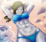  1girl abs akairiot arms_behind_head beach bikini black_hair grey_eyes looking_at_viewer lying nintendo on_back pale_skin sand smile solo stomach sunlight toned water wet wii_fit wii_fit_trainer 