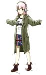  alternate_costume breasts commentary_request flag flag_print headphones hetzersky highres large_breasts long_hair looking_at_viewer military_jacket nitroplus pink_hair print_skirt red_eyes shoes skirt solo super_sonico union_jack united_kingdom untied_shoes 