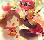  alternate_color black_legwear blonde_hair gen_6_pokemon grey_eyes hat leaf long_hair namie-kun open_mouth pokemon pokemon_(creature) pokemon_(game) pokemon_xy pokepuff serena_(pokemon) shiny_pokemon slurpuff smile sunglasses thighhighs tongue tongue_out 