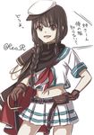  braid brown_eyes brown_hair cape cosplay hair_over_shoulder hat kantai_collection kiso_(kantai_collection) kiso_(kantai_collection)_(cosplay) kitakami_(kantai_collection) long_hair lowres midriff navel nekoyanagi_reo single_braid skirt smile solo sword translated twitter_username weapon 