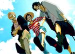  3boys brothers monkey_d_luffy multiple_boys one_piece portgas_d_ace sabo_(one_piece) shirt siblings sky smile striped_shirt trio 