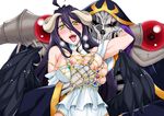  ainz_ooal_gown albedo armor big_breasts black_hair blush bone breast_grab breast_squish breasts demon duo feathered_wings feathers female hair horn lich long_hair male nipple_slip nipples open_mouth overlord_(series) pxjirou skeleton undead wings 