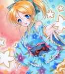  :d ayase_eli blonde_hair blue_eyes blush colored_pencil_(medium) floral_print frilled_kimono frills hair_between_eyes japanese_clothes kimono looking_at_viewer love_live! love_live!_school_idol_project marker_(medium) obi open_mouth ponytail ren_(endscape20) sash smile solo traditional_media 
