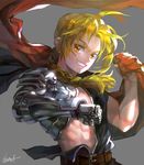  abs belt blonde_hair braid cape edward_elric fullmetal_alchemist grin holding_cape kim_yura_(goddess_mechanic) male_focus mechanical_arm signature smile solo upper_body yellow_eyes 