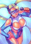  blonde_hair blue_leotard breasts cleavage_cutout jeanne_kongphengta large_breasts leotard long_hair mask rainbow_mika solo street_fighter street_fighter_v twintails very_long_hair 