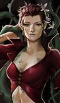  batman_(series) breasts cleavage dc_comics flower gradient gradient_background green_eyes hair_flower hair_ornament looking_at_viewer midriff plant poison_ivy red_hair red_shirt shirt solo tattoo tentacle thorns 