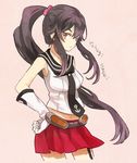  bad_id bad_pixiv_id black_hair brown_eyes gloves hand_on_hip kantai_collection long_hair masunosushi ponytail school_uniform serafuku solo yahagi_(kantai_collection) 