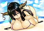 ahoge beach bikini black_hair blush breasts danua day draph granblue_fantasy horn_ornament huge_breasts long_hair looking_at_viewer lying on_stomach parted_lips pointy_ears sand solo suruga_kreuz swimsuit 