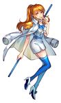  1girl alternate_costume full_body high_heels jacket_on_shoulders long_hair marine nami_(one_piece) one_piece orange_hair polearm simple_background solo staff thighhighs uniform weapon white_shoes 