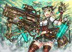  aircraft airship cowboy_shot fingerless_gloves gia gloves green_eyes gun huge_weapon midriff navel original short_hair silver_hair skirt solo steampunk thighhighs underbust weapon zettai_ryouiki 