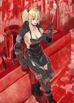  azasuke blonde_hair breasts dorohedoro female horns indoors large_breasts long_hair nikaido red_eyes smile solo standing tail 