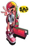  :d bike_shorts commentary fangs full_body gashi-gashi grin inkling long_hair loose_clothes loose_shirt one_eye_closed open_mouth paint paint_roller pink_eyes pink_hair shirt shoes simple_background smile sneakers solo speech_bubble splat_roller_(splatoon) splatoon_(series) splatoon_1 standing t-shirt tentacle_hair translation_request v white_background 