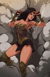  1girl amazon armor black_hair circlet dawn_of_justice dc_comics dccu lasso pteruges smoke solo strapless vambraces wonder_woman wonder_woman_(series) 