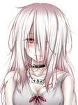  akkii_(meragold) bangs bare_shoulders blush breasts cleavage collar ghost hair_over_eyes long_hair looking_at_viewer medium_breasts original pale_skin red_eyes scar silver_hair smile solo very_long_hair 