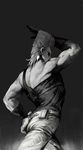  1boy commentary_request cowboy_shot earrings flattop from_behind greyscale hand_on_own_ass jean_pierre_polnareff jewelry jojo_no_kimyou_na_bouken male_focus monochrome muscular photoshop_(medium) pouch shade solo tall_hair white-corner 