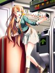  bare_legs brown_hair fare_gate full_body green_eyes hair_ornament hairclip highres hiiragi_asuka jacket long_hair shoes skirt smile solo suitcase tinybiard tokyo_xanadu train_station 