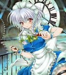  bow braid clock clock_tower clockwork colored_pencil_(medium) hair_bow izayoi_sakuya knife looking_at_viewer maid_headdress marker_(medium) parted_lips pocket_watch red_eyes ren_(endscape20) silver_hair solo touhou tower traditional_media twin_braids watch 