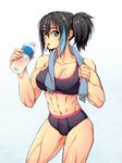  abs black_hair bottle breasts bulge futanari gradient gradient_background heterochromia ichigatsu26 large_breasts muscle navel open_mouth solo sports_bikini toned towel towel_around_neck utau yokune_ruko 