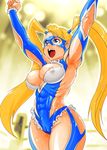  abs areola_slip areolae blonde_hair blue_eyes blue_leotard breasts cameltoe covered_nipples highres large_breasts leotard long_hair mask muscle muscular_female open_mouth rainbow_mika shimotsuki_juugo smile solo street_fighter street_fighter_v sweat thick_thighs thighs twintails very_long_hair wide_hips 