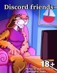  2019 anthro chair clothed clothing comic computer digital_media_(artwork) english_text exited feline female fur green_eyes hat mammal melissa painting pantherine sapple_(artist) smile solo teeth text tiger 