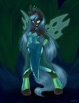  2015 ambris anthro anthrofied black_body blue_hair changeling clothing dress female friendship_is_magic green_eyes hair horn looking_at_viewer my_little_pony queen_chrysalis_(mlp) smile solo wings 