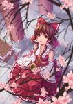  ascot blurry brown_hair cherry_blossoms cup depth_of_field detached_sleeves from_above hair_ornament hair_ribbon hair_tubes hakurei_reimu highres japanese_clothes long_skirt long_sleeves looking_at_viewer miko open_mouth petals red_eyes red_skirt ribbon shirt short_hair skirt skirt_set smile solo teacup touhou wide_sleeves youxuemingdie 