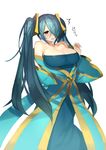  bad_id bad_twitter_id blue_hair blush breasts brown_eyes cleavage k_(li) large_breasts league_of_legends long_hair solo sona_buvelle twintails very_long_hair 
