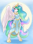  2015 ambris anthro anthrofied clothing dress equine female friendship_is_magic fur hair horn looking_at_viewer mammal multicolored_hair my_little_pony princess_celestia_(mlp) purple_eyes smile solo sun white_fur winged_unicorn wings 