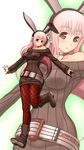  \m/ alternate_costume animal_ears baron_(baron-eros) blush breasts bunny_ears commentary_request headphones highres large_breasts long_hair looking_at_viewer nitroplus off_shoulder pink_hair red_eyes ribbed_sweater smile solo super_sonico sweater thighhighs zoom_layer 