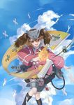  :d aircraft airplane brown_eyes brown_hair day flight_deck hat japanese_clothes kantai_collection long_hair onmyouji open_mouth roong ryuujou_(kantai_collection) scroll shikigami sky smile solo twintails visor_cap 