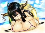 ahoge beach bikini black_hair blush breasts danua day draph granblue_fantasy horn_ornament huge_breasts innertube jewelry long_hair looking_at_viewer lying necklace on_stomach parted_lips pointy_ears sand solo suruga_kreuz swimsuit 