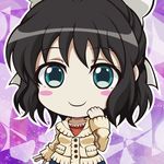  abstract_background aqua_eyes black_hair blush_stickers bow chibi dilated_pupils hair_bow hand_on_own_face justi39gx kohinata_miku large_bow medium_hair outline ribbon senki_zesshou_symphogear sleeves_past_wrists smile solo sweater 