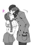  1girl aragaki_shinjirou arms_behind_back beanie blush closed_eyes couple female_protagonist_(persona_3) forehead_kiss greyscale hat hetero kiss monochrome pantyhose persona persona_3 persona_3_portable scarf skirt suta_furachina trench_coat 