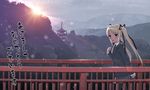  architecture blonde_hair bridge copyright_request east_asian_architecture forest hair_ribbon kai_ha light nature new_year pagoda ribbon school_uniform skirt sky smile snow solo sun sunset tree twintails 