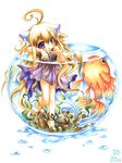 :&lt; ahoge animal_ears barefoot blonde_hair bowl cat_ears cat_tail copyright_request emperpep fish fishbowl goldfish long_hair purple_eyes solo tail traditional_media watercolor_(medium) wet 