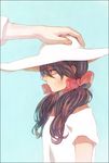  axis_powers_hetalia bad_id bad_pixiv_id blush brown_eyes brown_hair hair_ribbon hat long_hair out_of_frame petting popompon ribbon seychelles_(hetalia) solo_focus sun_hat twintails 