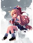  blonde_hair bow horns ibuki_suika long_hair shin_(new) snow solo touhou yellow_eyes 